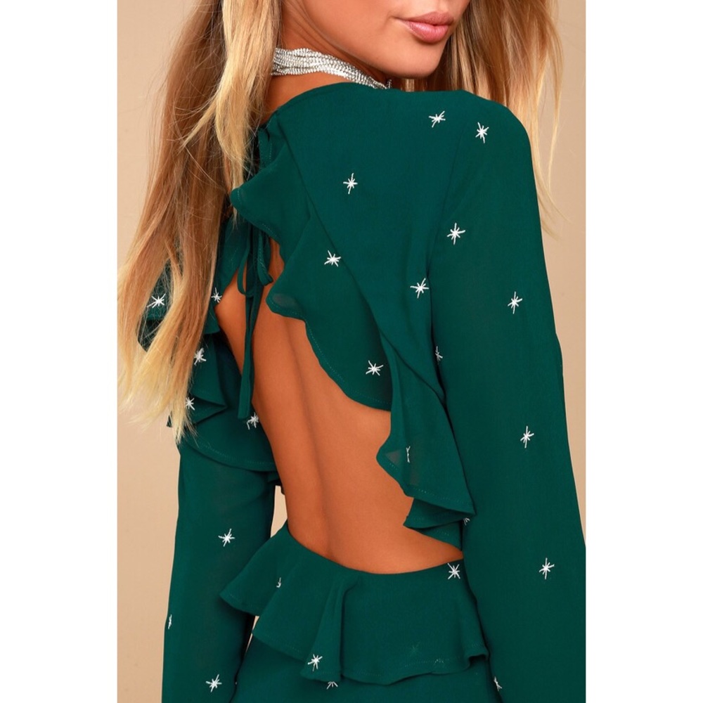 Forest Green Embroidered Backless Ruffle Dress
